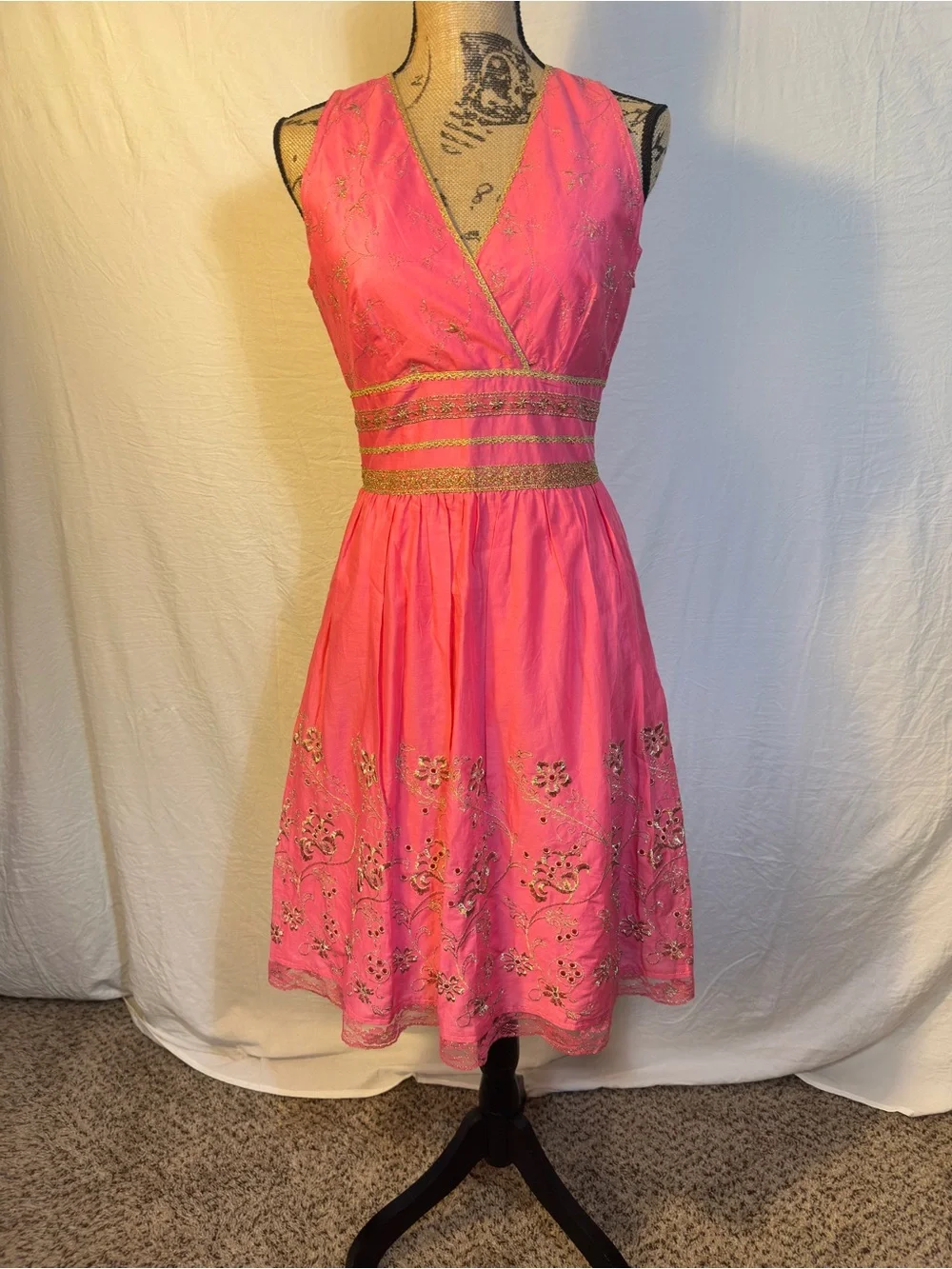 Express Pink Gold Embroidered Cotton Boho Cottagecore Romantic V-Neck Dress Sz 8